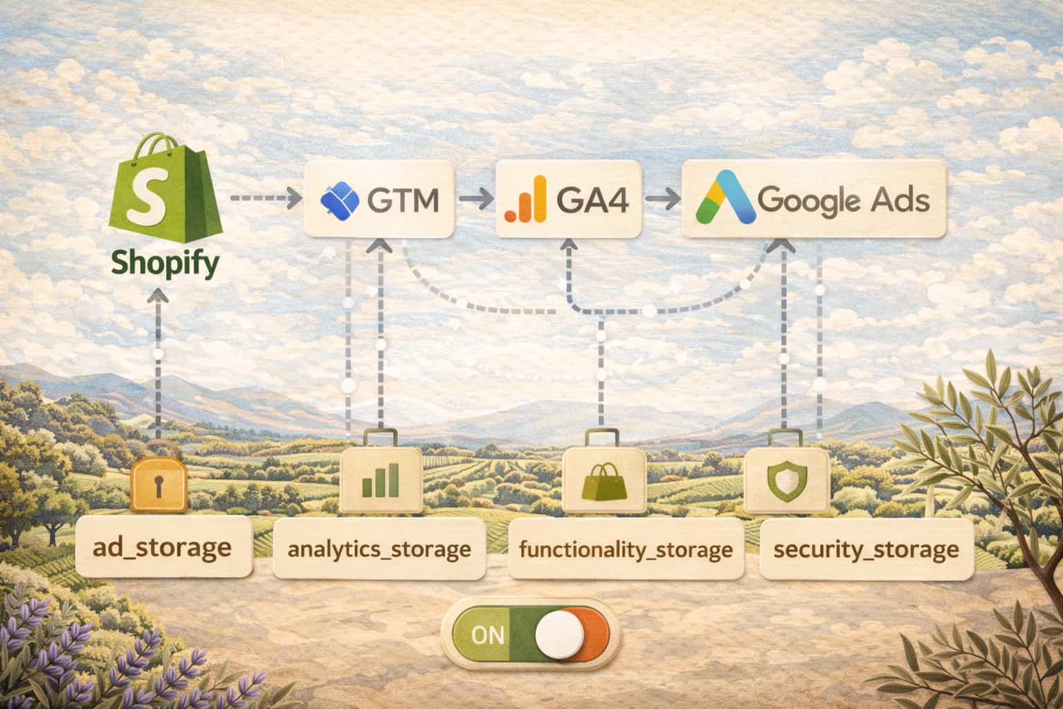 Schéma du flux de données entre Shopify, GTM, GA4 et Google Ads avec les 4 paramètres Consent Mode V2 en ambiance Provence
