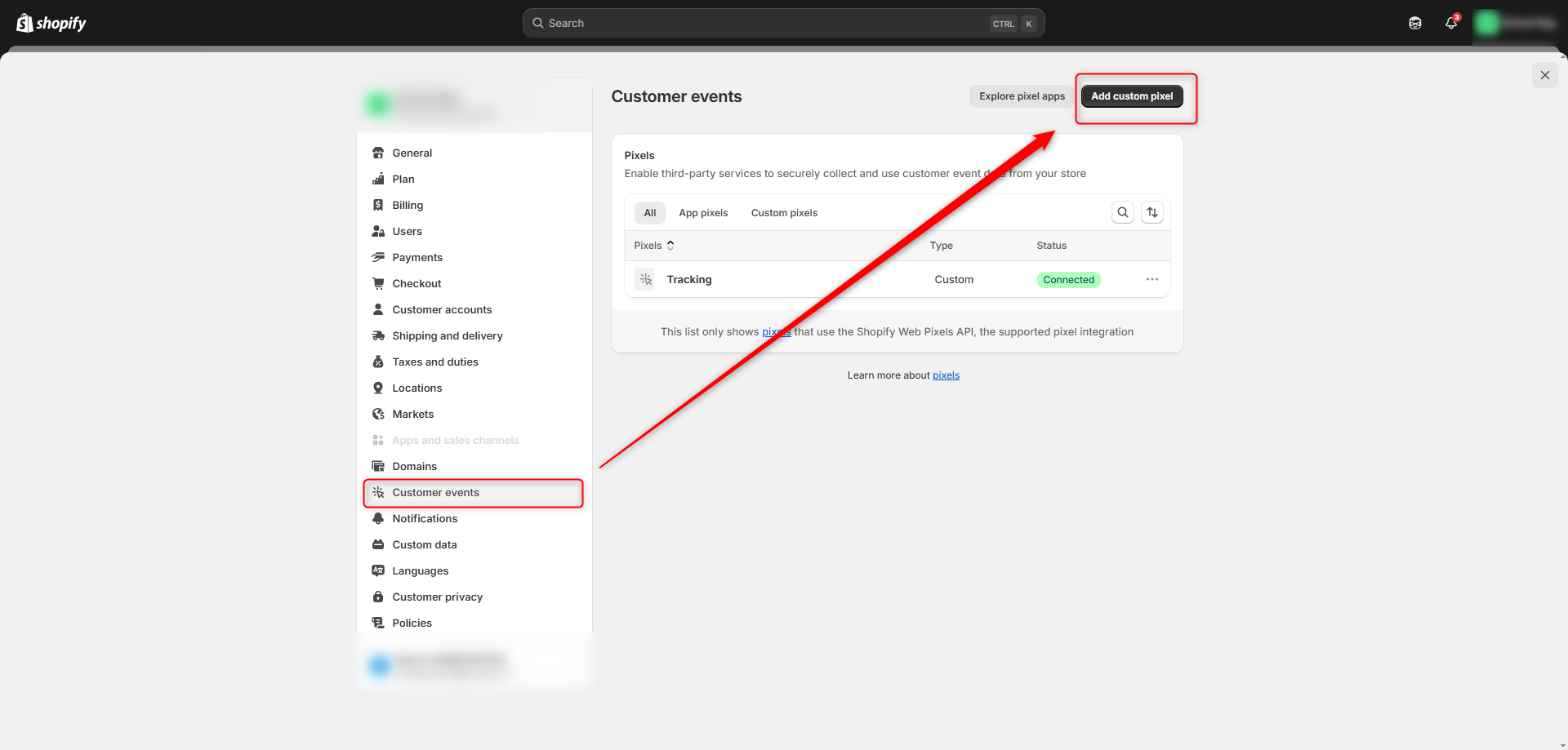 Interface Shopify Custom Pixels dans les paramètres, avec le code GTM inséré dans le sandbox