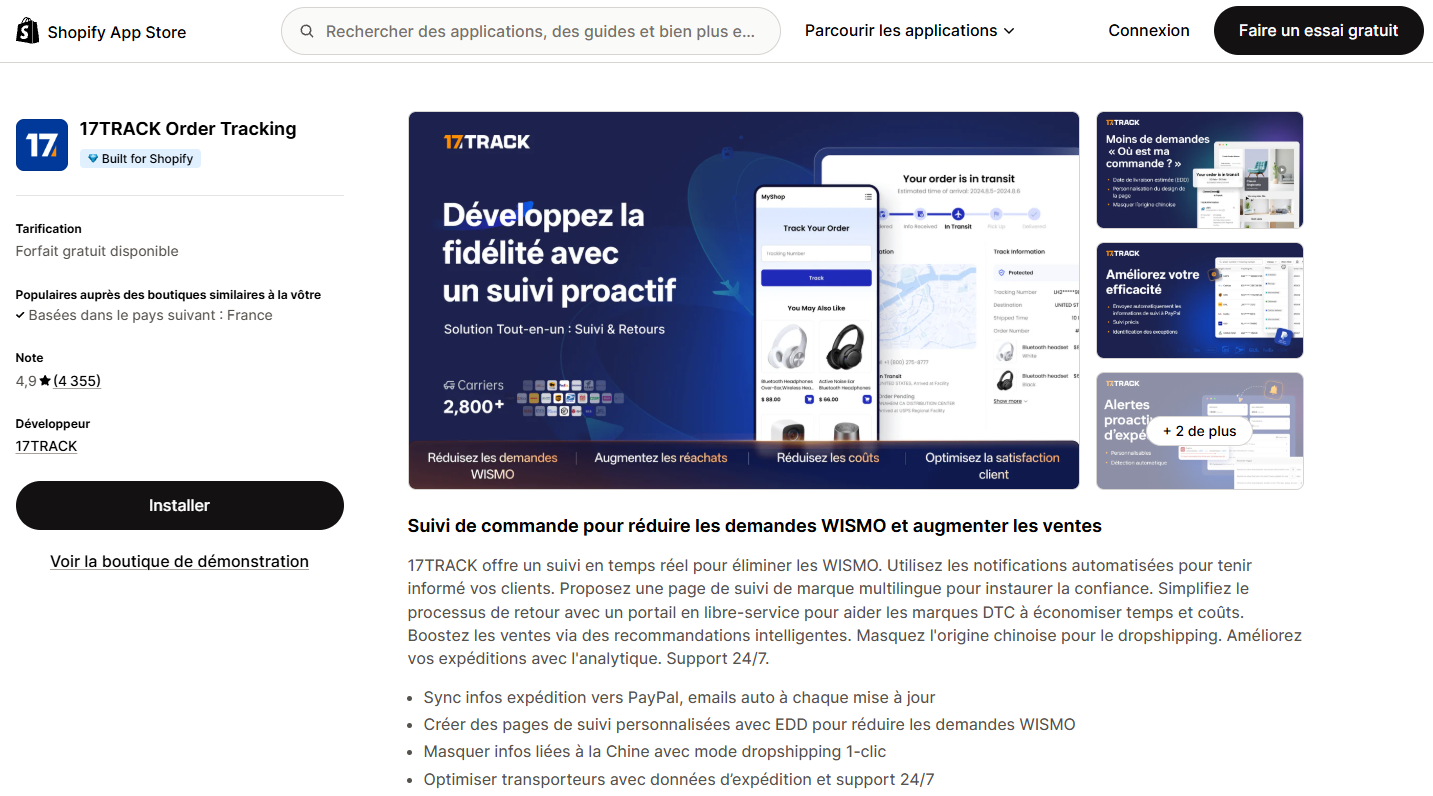 Application 17TRACK pour le suivi des commandes et colis sur Shopify