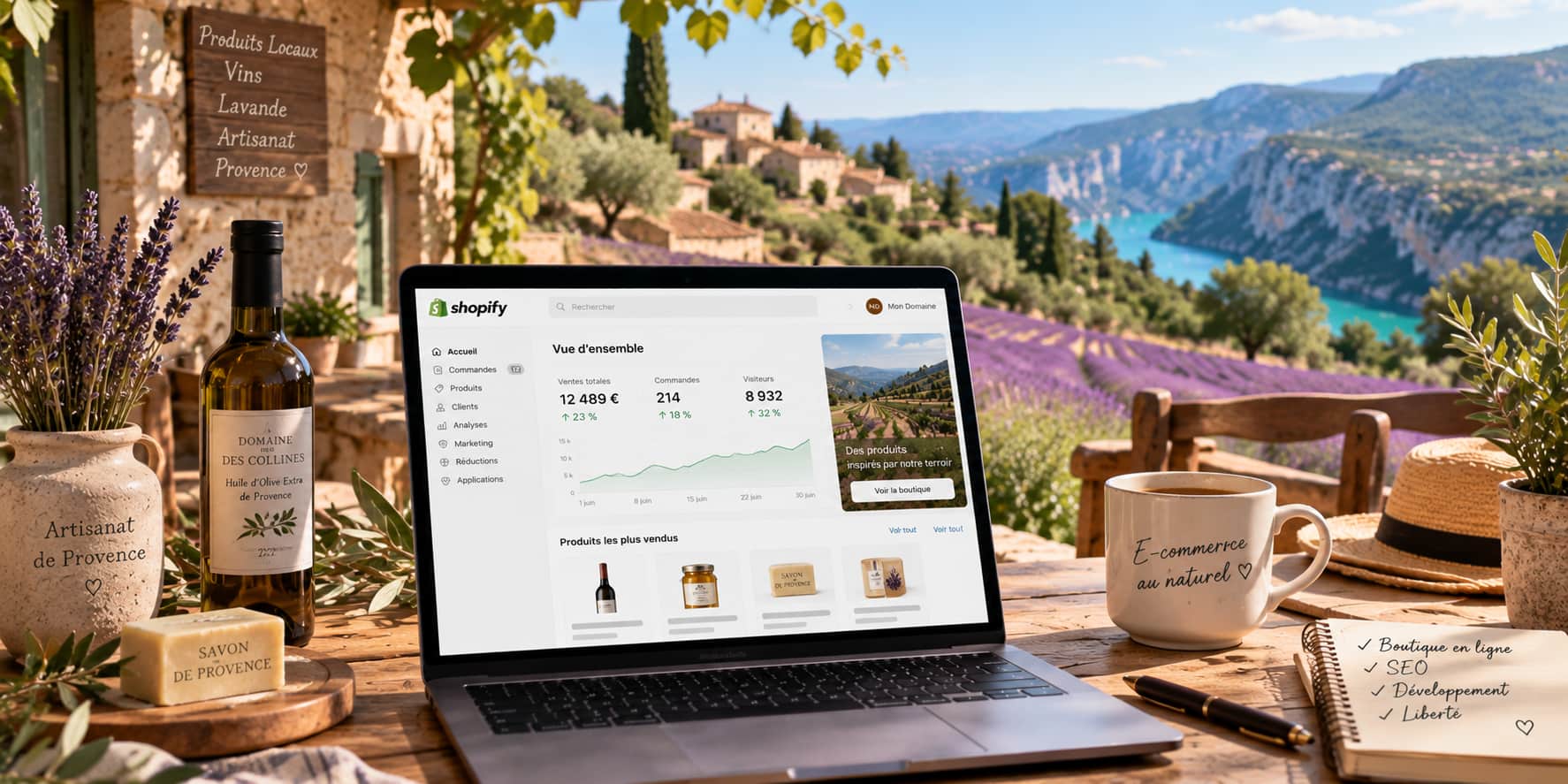 Tableau de bord e-commerce affiché sur un ordinateur portable, ambiance artisanale et rurale