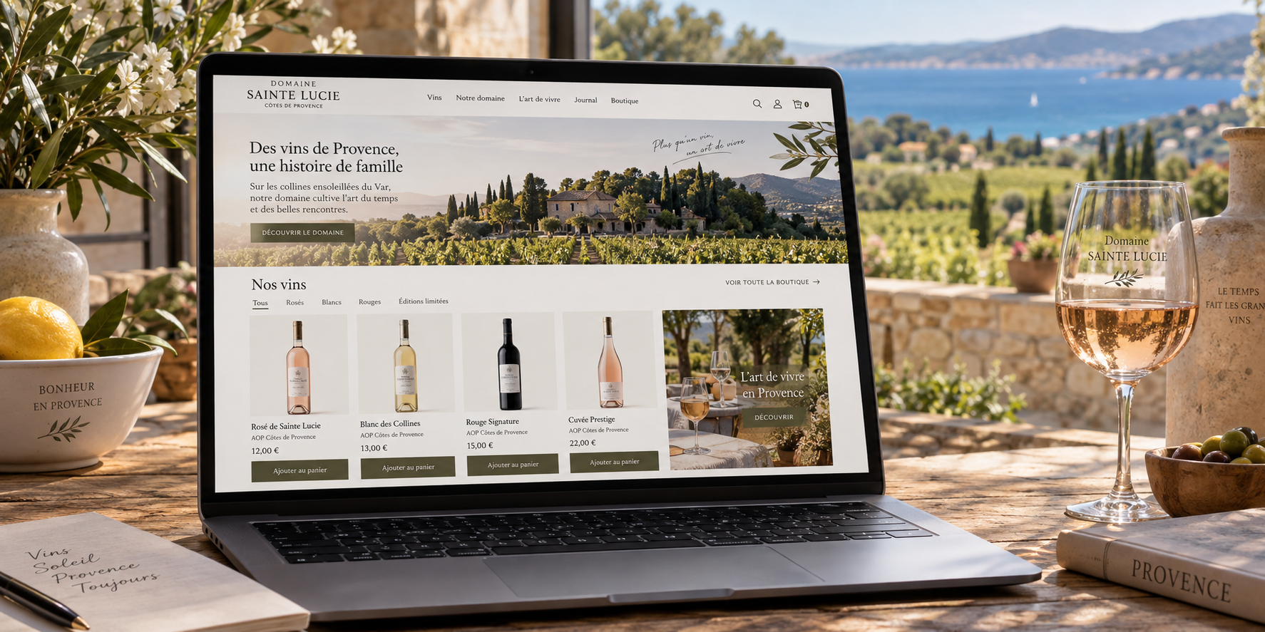 Site e-commerce presentant un domaine viticole en Provence, bord de mer
