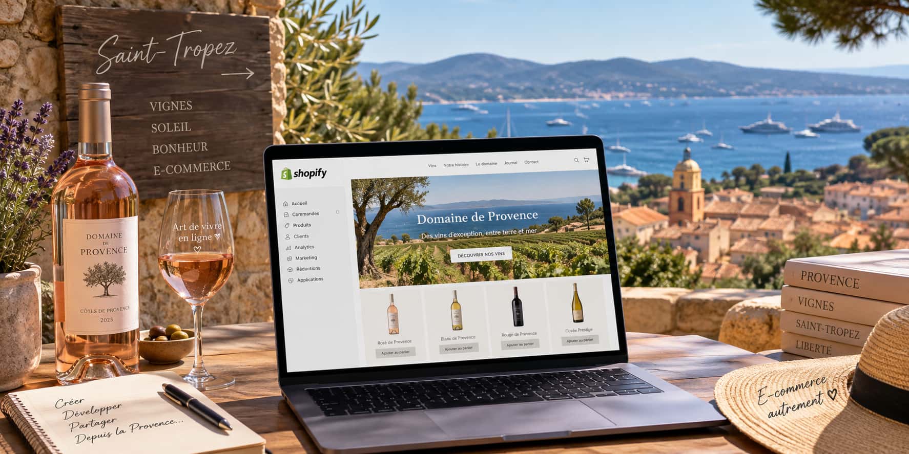 Boutique en ligne gérée depuis un ordinateur, ambiance littoral et art de vivre provençal
