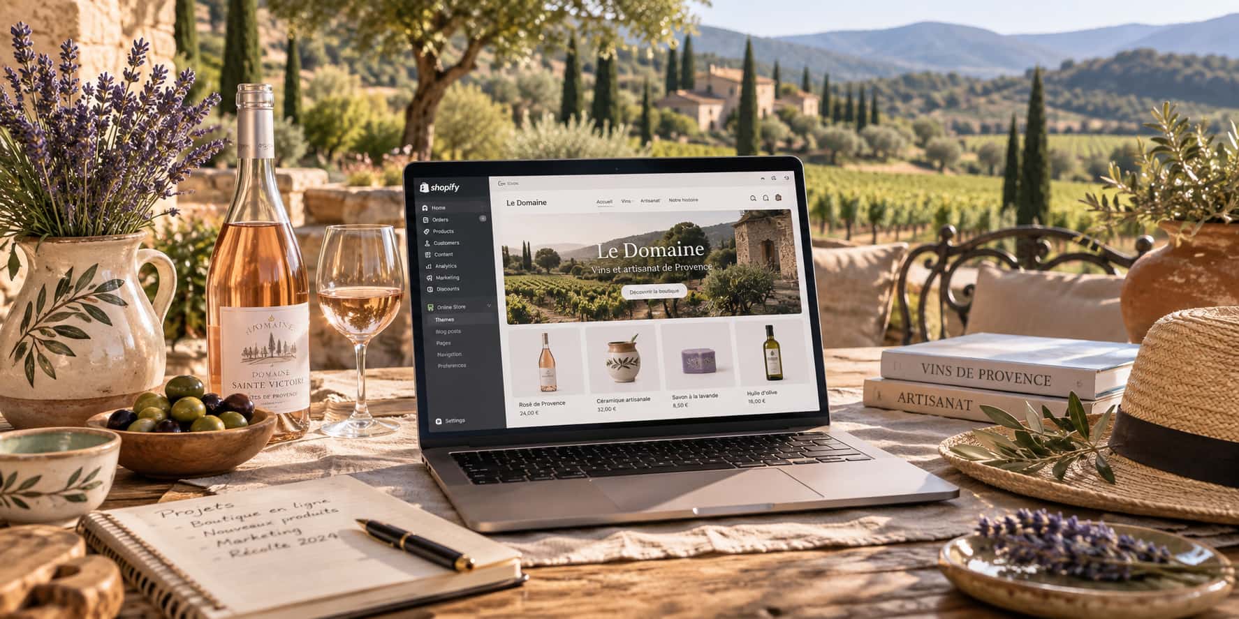 Boutique en ligne gérée depuis un ordinateur, ambiance domaine viticole et artisanat provençal