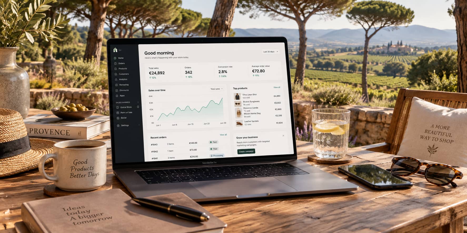Tableau de bord e-commerce affiché sur un ordinateur portable, ambiance boutique haut de gamme