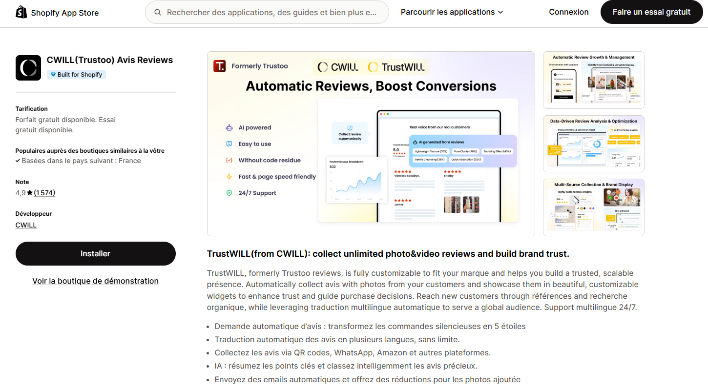 Application Trustoo pour afficher et collecter des avis clients sur Shopify