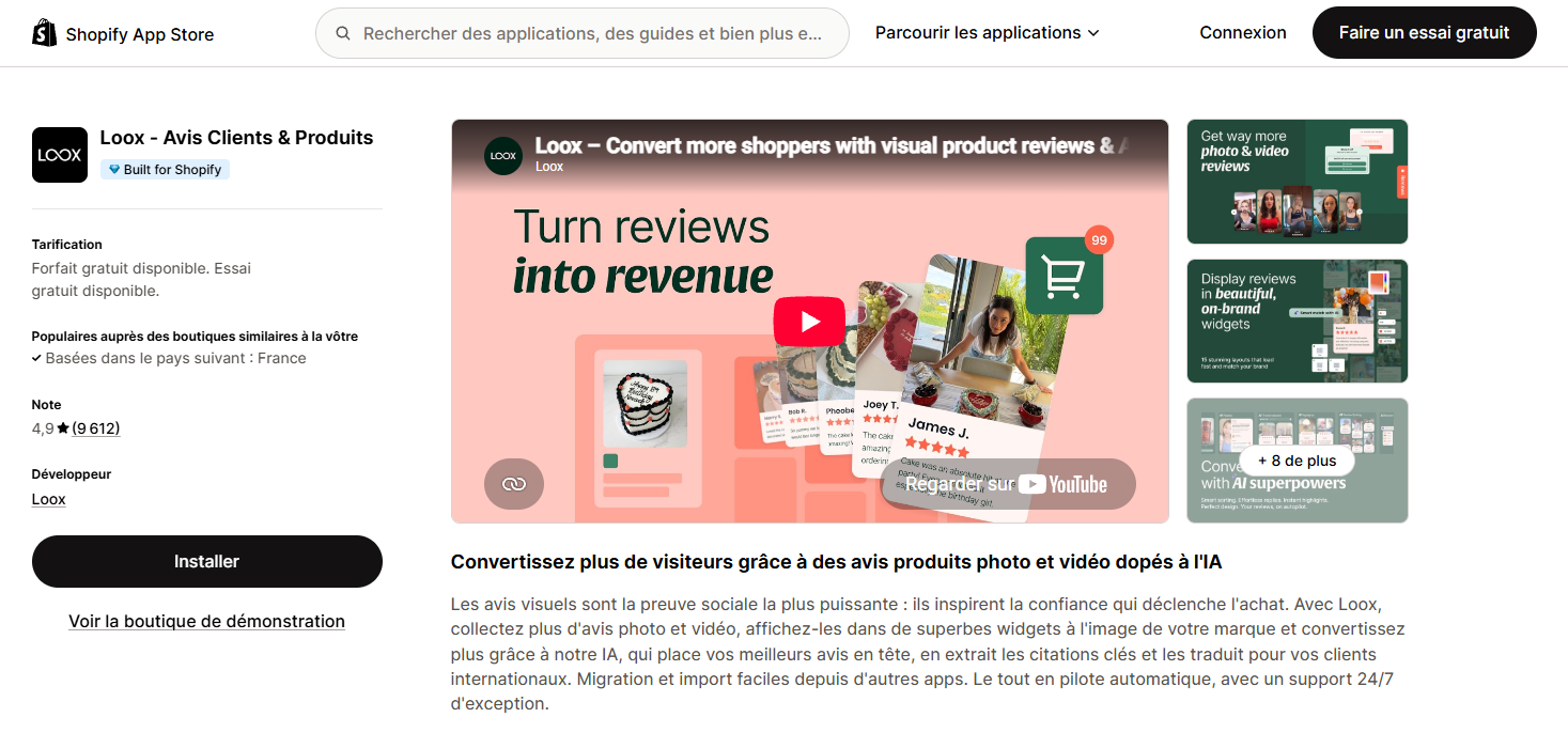 Application Loox pour afficher et collecter des avis clients sur Shopify