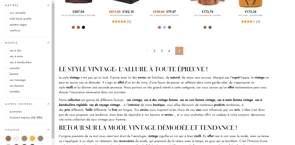 Large assortiment de produits sur portant, illustration des filtres nécessaires sur une grande collection